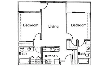 A floor plan of a home with a living room, two bedrooms, a kitchen, and two bathrooms.